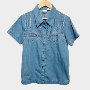 Blair Boutique Vintage Embroidered Beaded Denim Chambray Shirt XL Indie Western